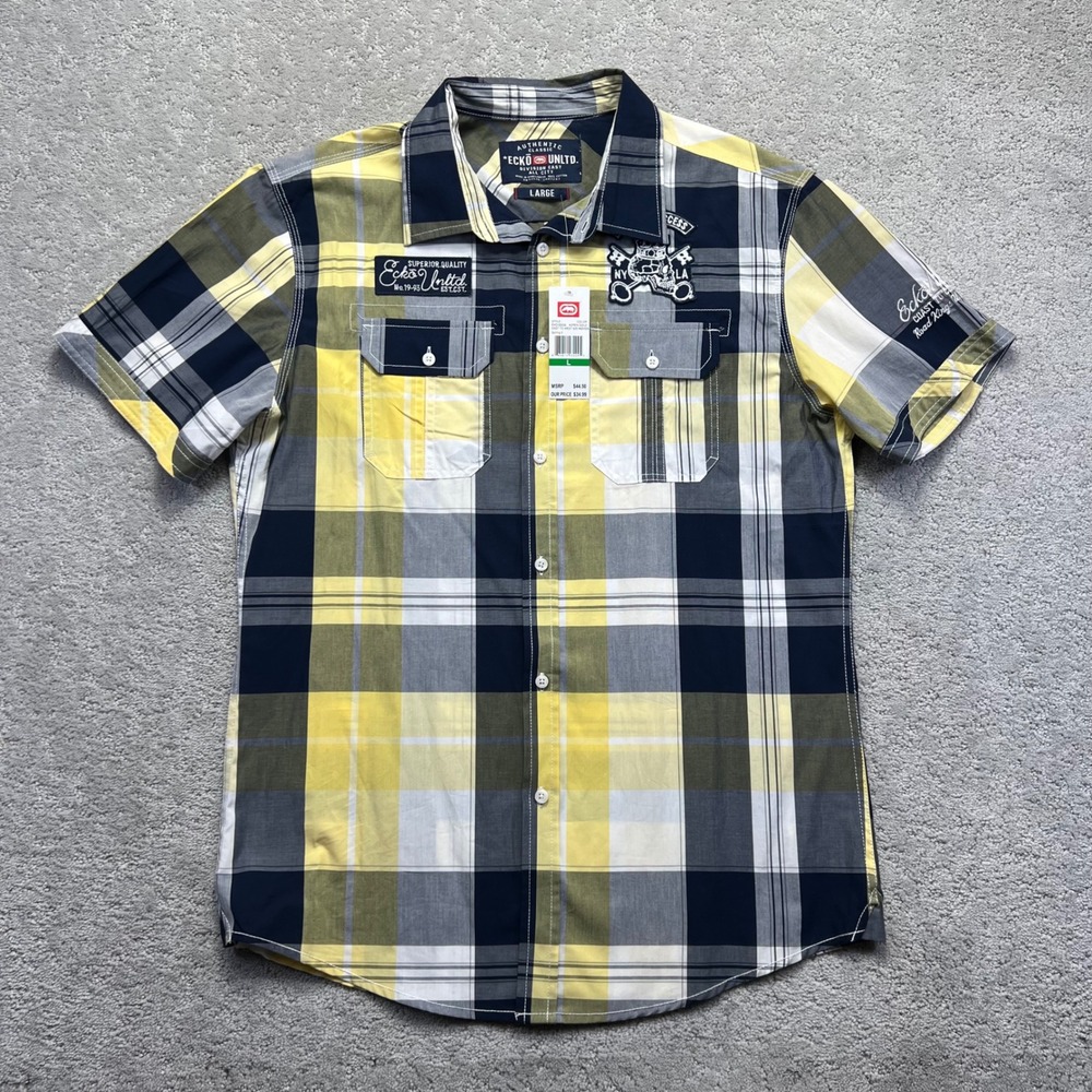 Y2k Ecko Unltd Shirt Mens Large Plaid East to West Woven Short Sleeve Skate BNWT